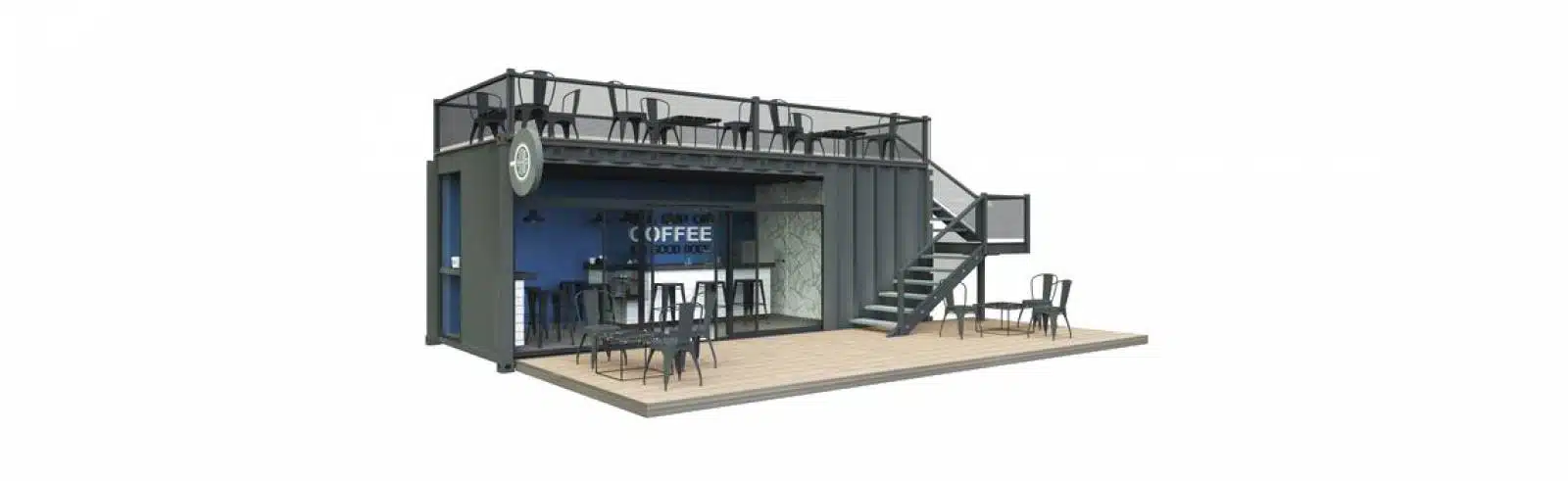 Steel container with patio for coffee or food stand